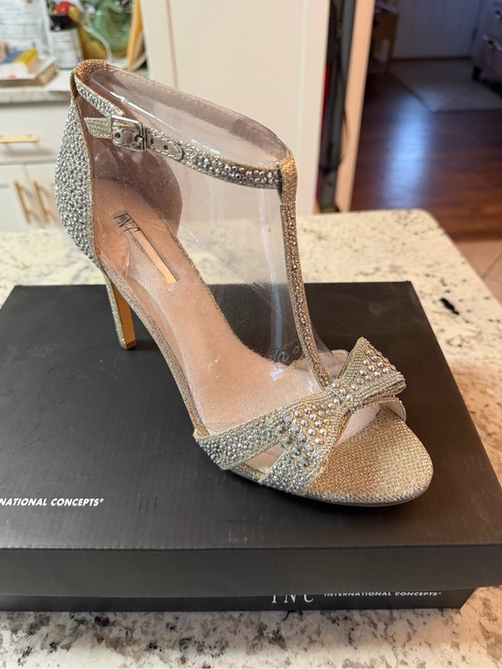 INC International Concepts Shoes - INC International Concepts Champagne T-Strap Bow Rhinestone Heel